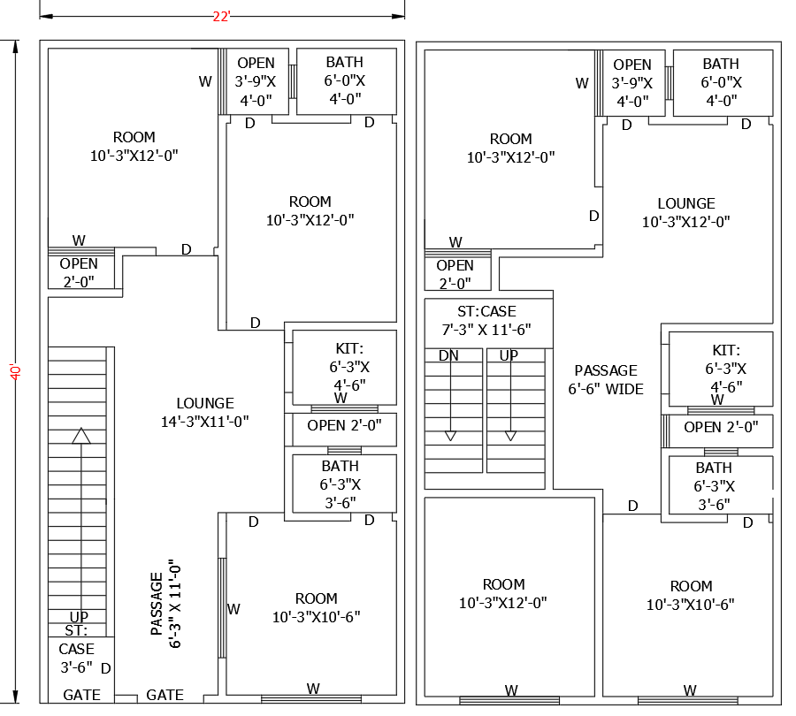 22ftx40ft 6BHK House Plan Layout in DWG AutoCAD Format