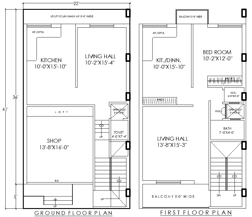 22ftx41ft Ground Floor House Plan with Shop in DWG File