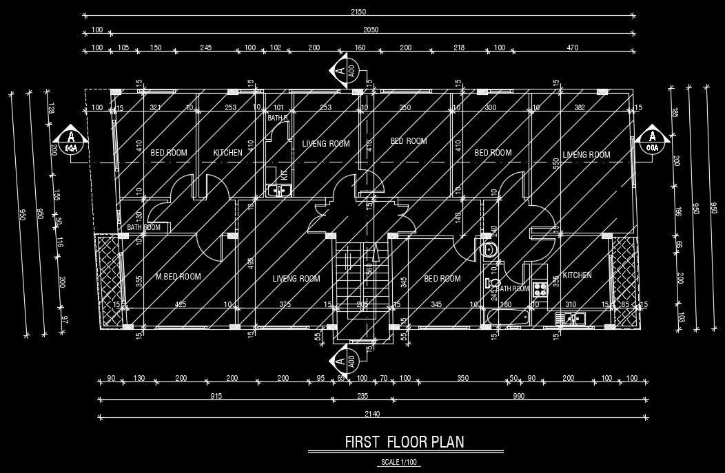 22x10m architecture first floor house plan 2D AutoCAD DWG file