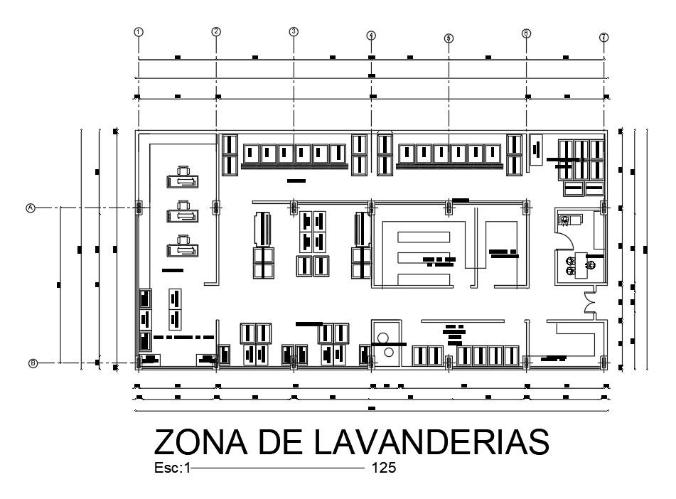22x11m hospital laundry plan is given in this AutoCAD drawing model. Download now.