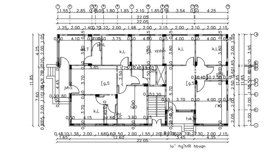 22x12 Meter 3 BHK Apartment Centerline Plan with Room Dimensions