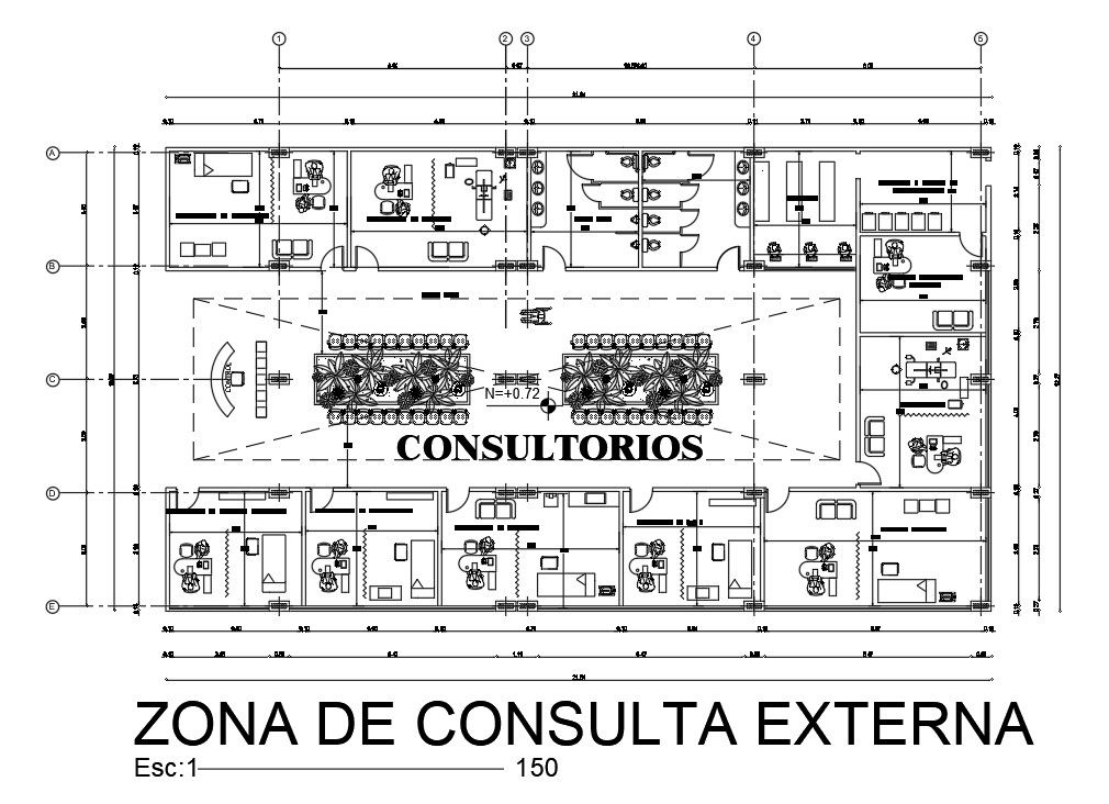 22x12m hospital external consultation area is given in this AutoCAD model. Download now.