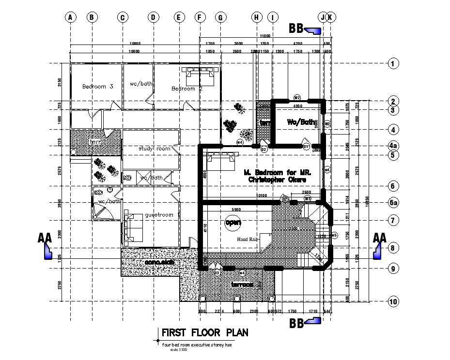 22x20m first floor house plan is given in this Autocad drawing file. Download now.