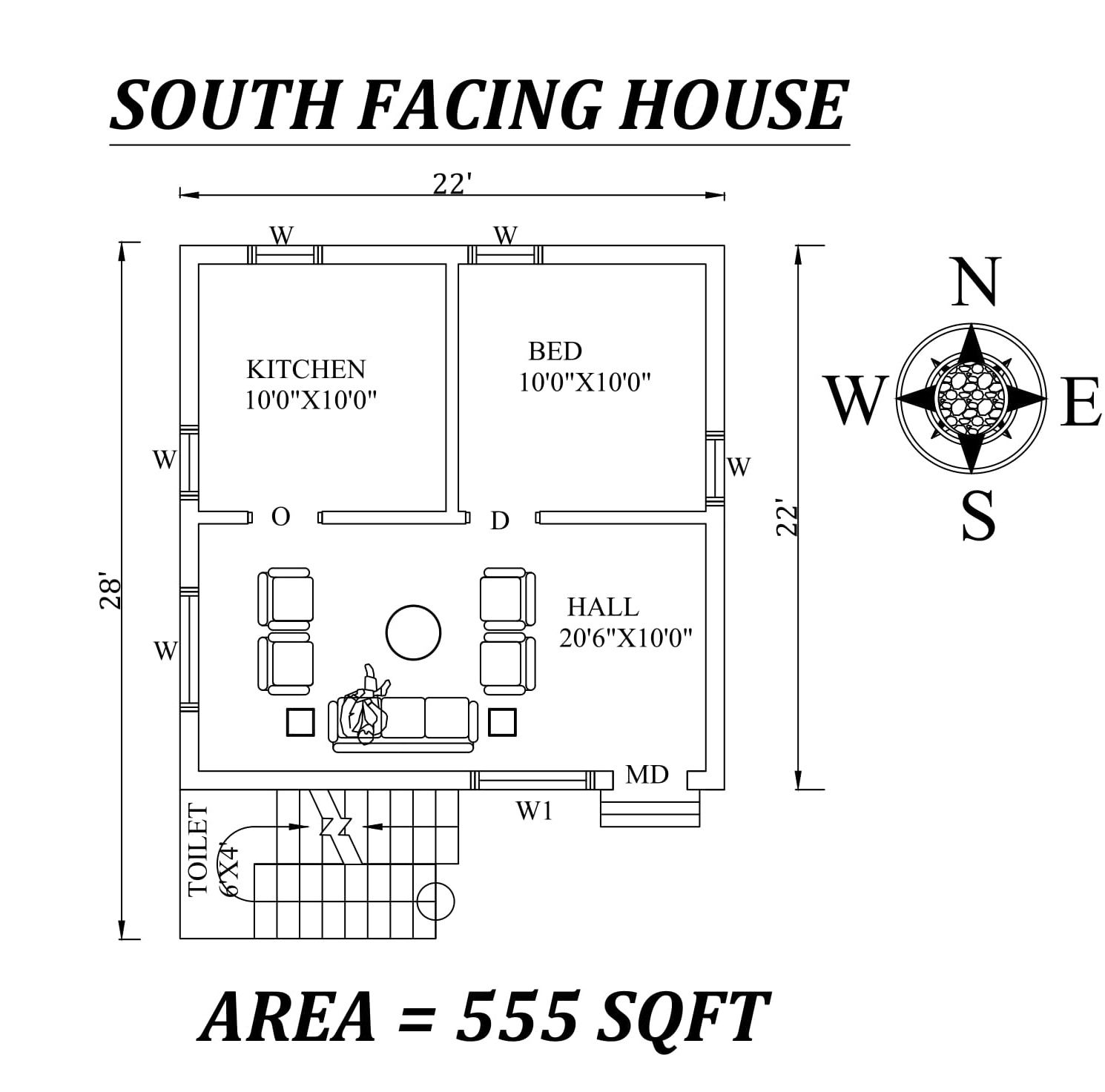 22'x28' Beautiful 1BHK South Facing Tiny House Plan As Per Vasthu Shastra, Autocad DWG File Details