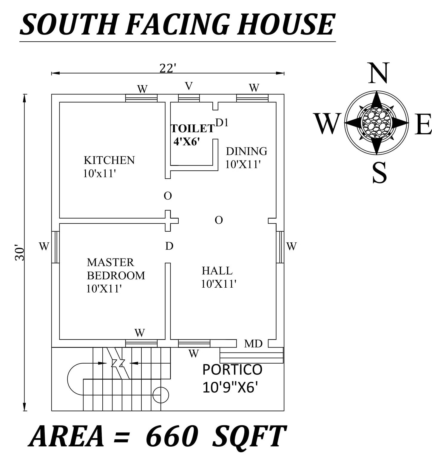 22x30 South-Facing Single BHK House Plan in AutoCAD DWG Format