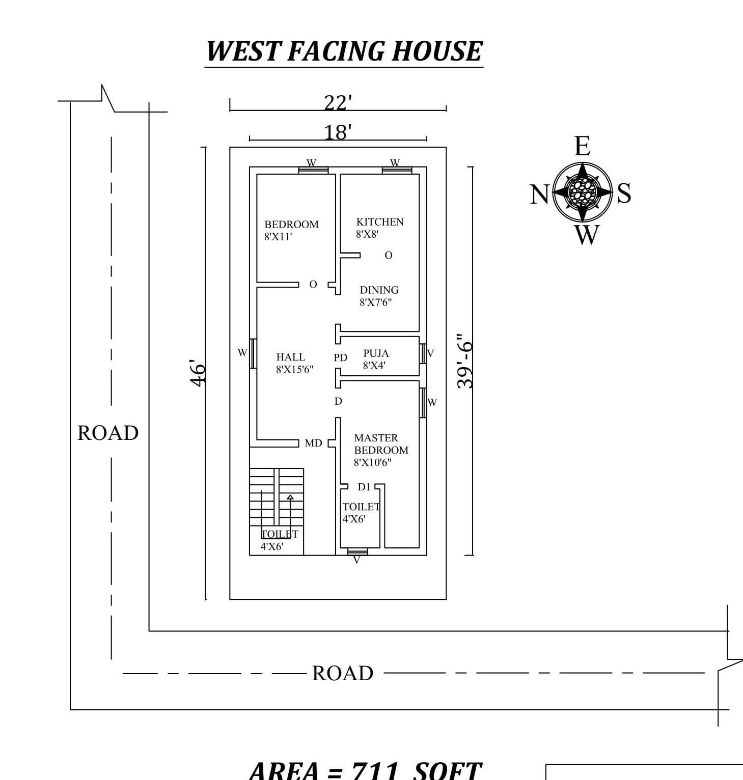 22'x46' 2 BHK West Facing House Plan As Per Vastu Shastra,Autocad DWG and PDF File Details