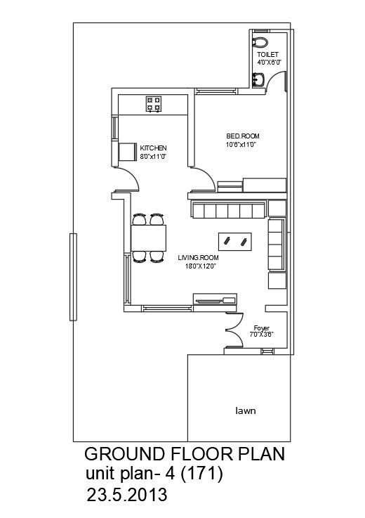 22’x56’ ground floor house plan is given in this Autocad drawing file.Download now.
