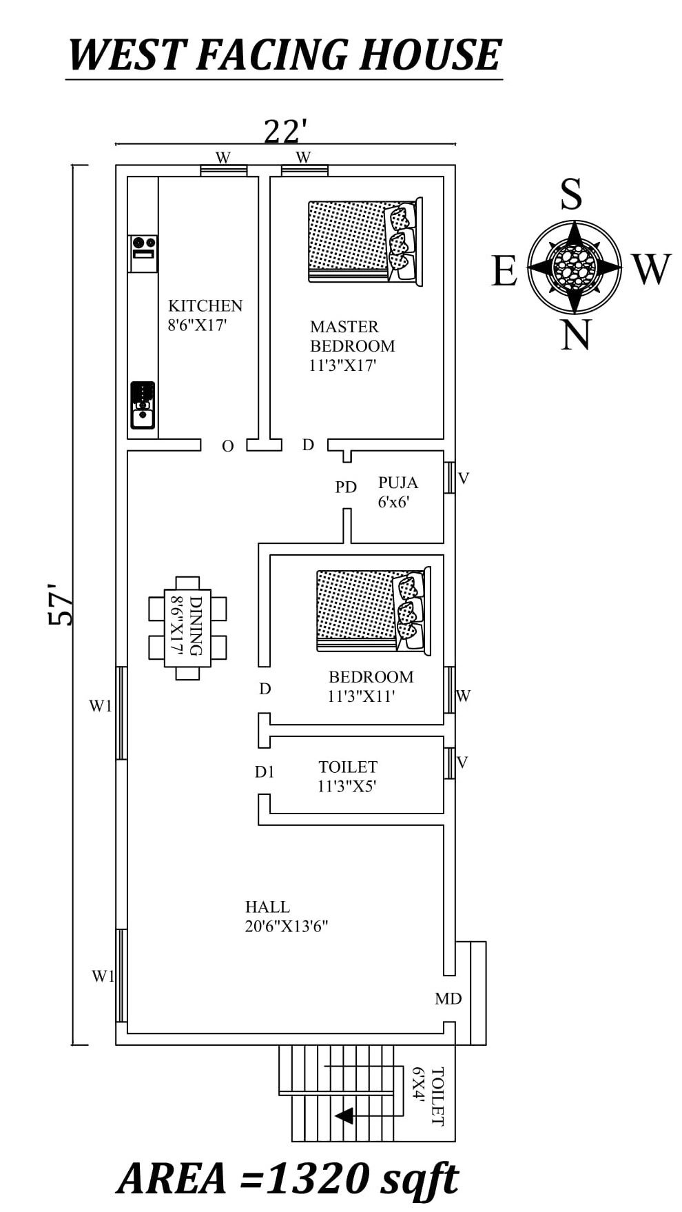 22'x57' Marvelous 2bhk West facing House Plan As Per Vastu Shastra.Autocad DWG and Pdf file details.