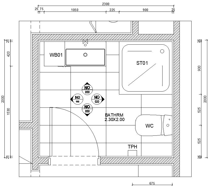 2300 x 2000 bathroom plan in AutoCAD, dwg file.