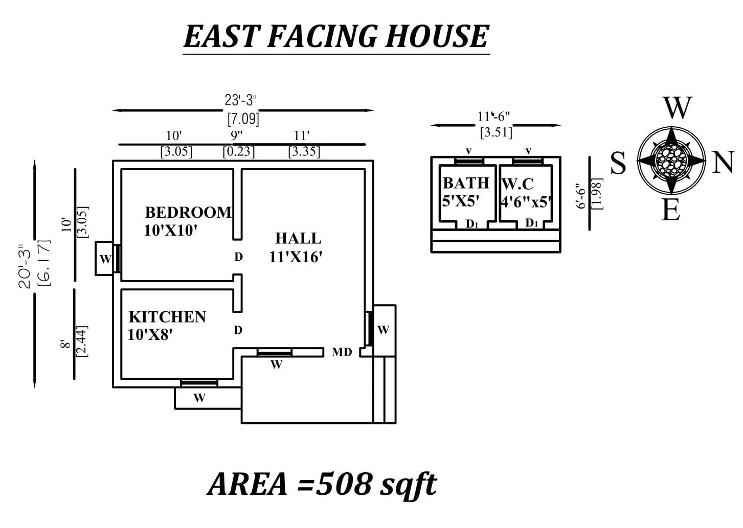 23'3"x20'3" Single bhk East facing tiny House Plan As Per Vastu Shastra,Autocad DWG file Details.