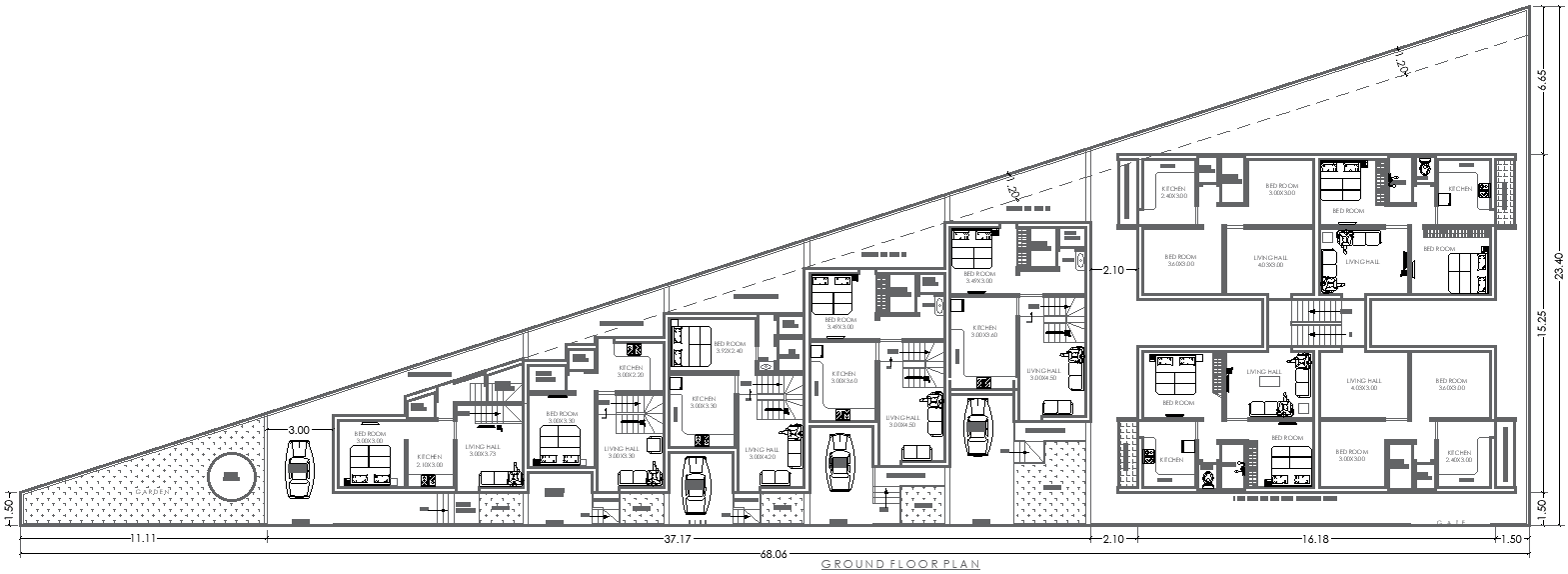 23.40m x 9.89m Apartment Ground Floor House Plan Layout Drawing | AutoCAD DWG File