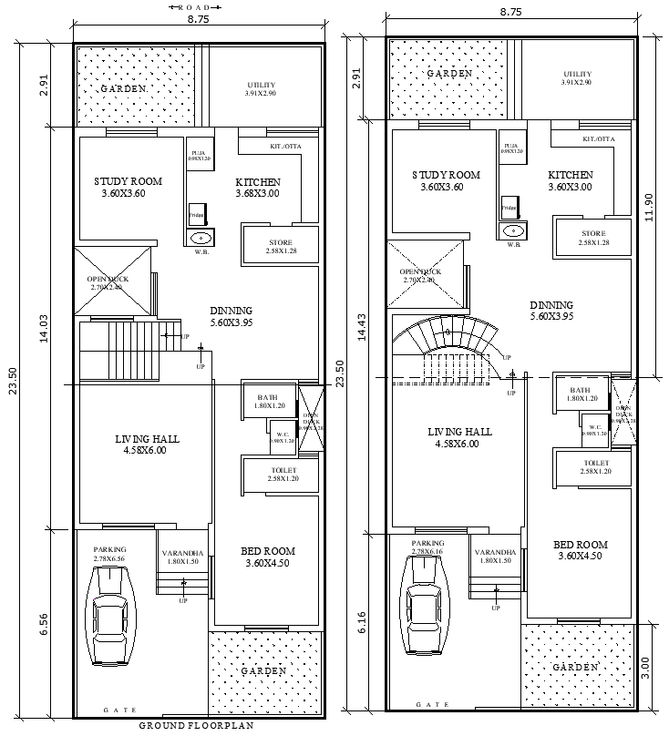 23.50m x 8.75m Two Different Ground Floor House Plans - AutoCAD DWG File