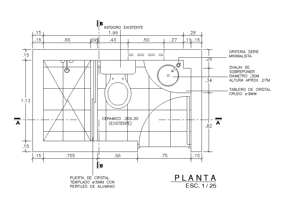 2.35x1.53m toilet plan is given in this autocad drawing file. Download now.