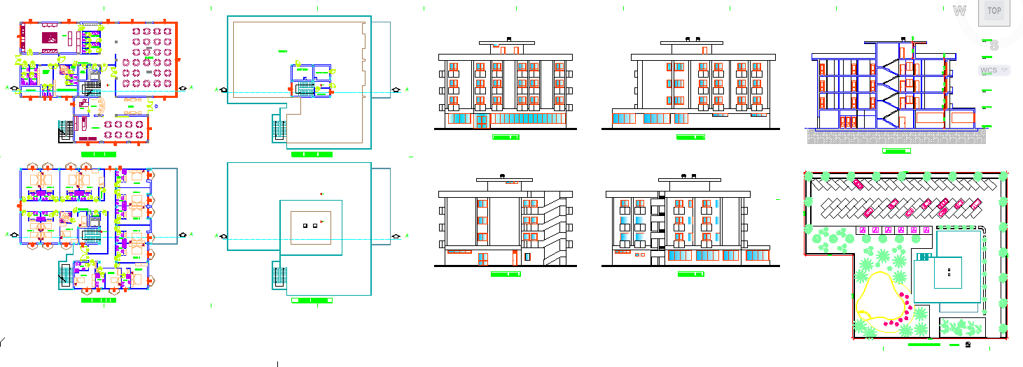 Hotel Architectural Plan with Floors Elevations and Landscape DWG