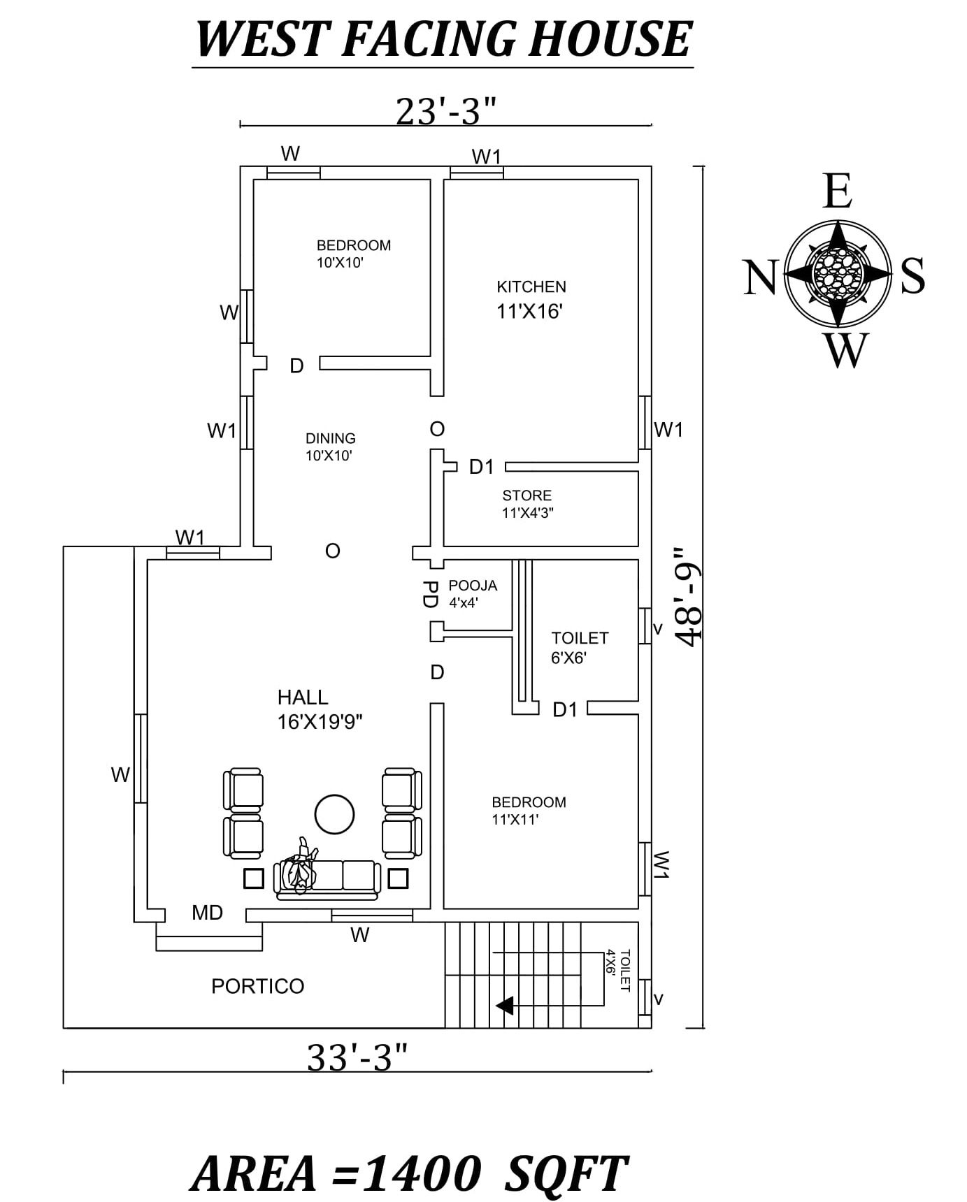 23'X33' Marvelous 2bhk West facing House Plan As Per VastuShastra. Autocad DWG and Pdf file details.
