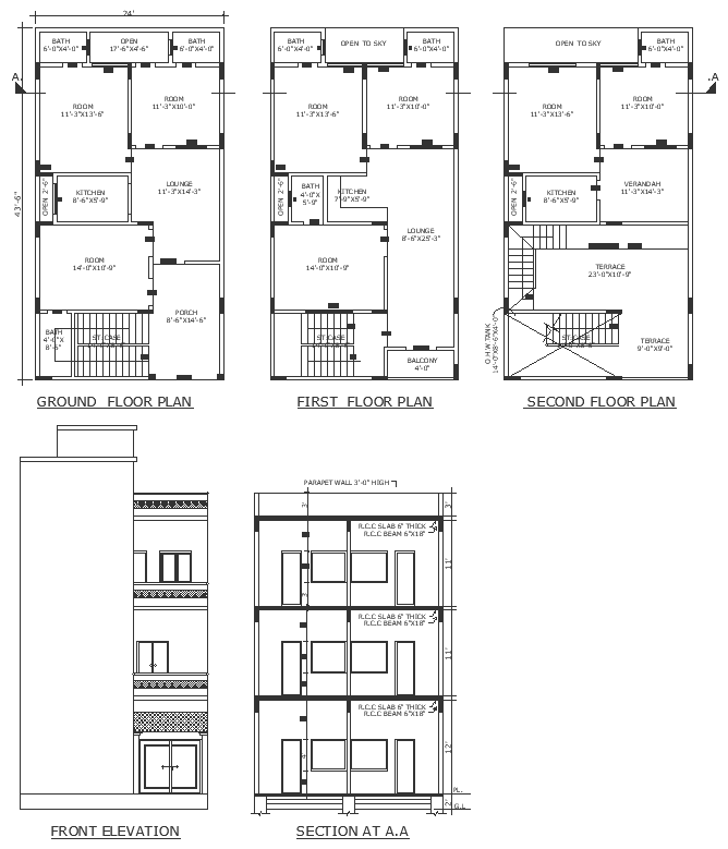 23 feet by 10 feet terrace design with elevation section and plot detail dwg autocad drawing .