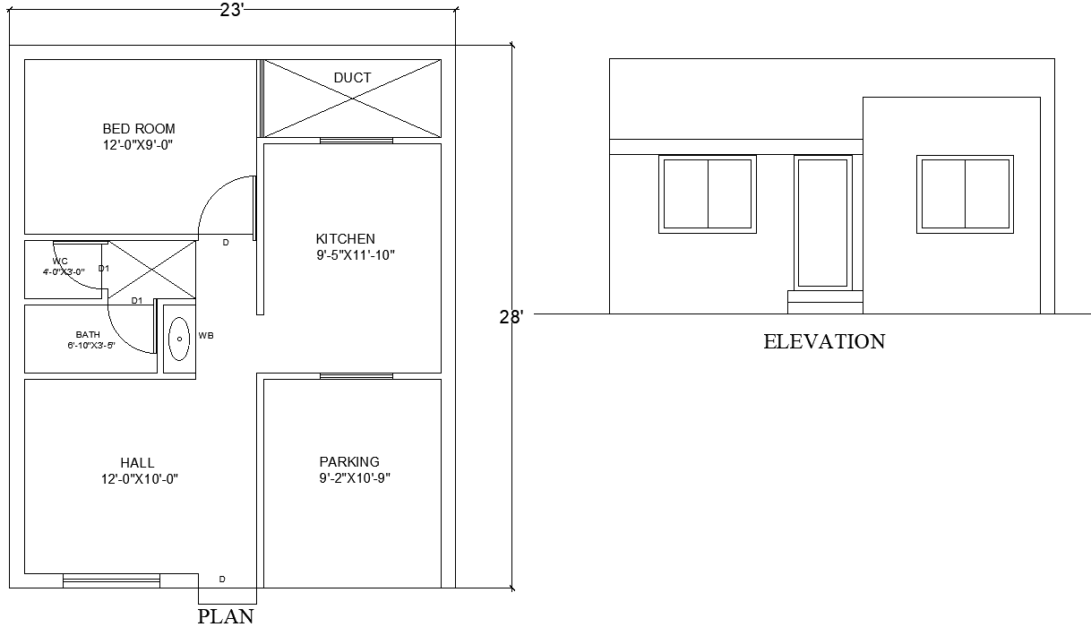 AutoCAD DWG of 23ftx28ft 1BHK Layout with Elevation Plan