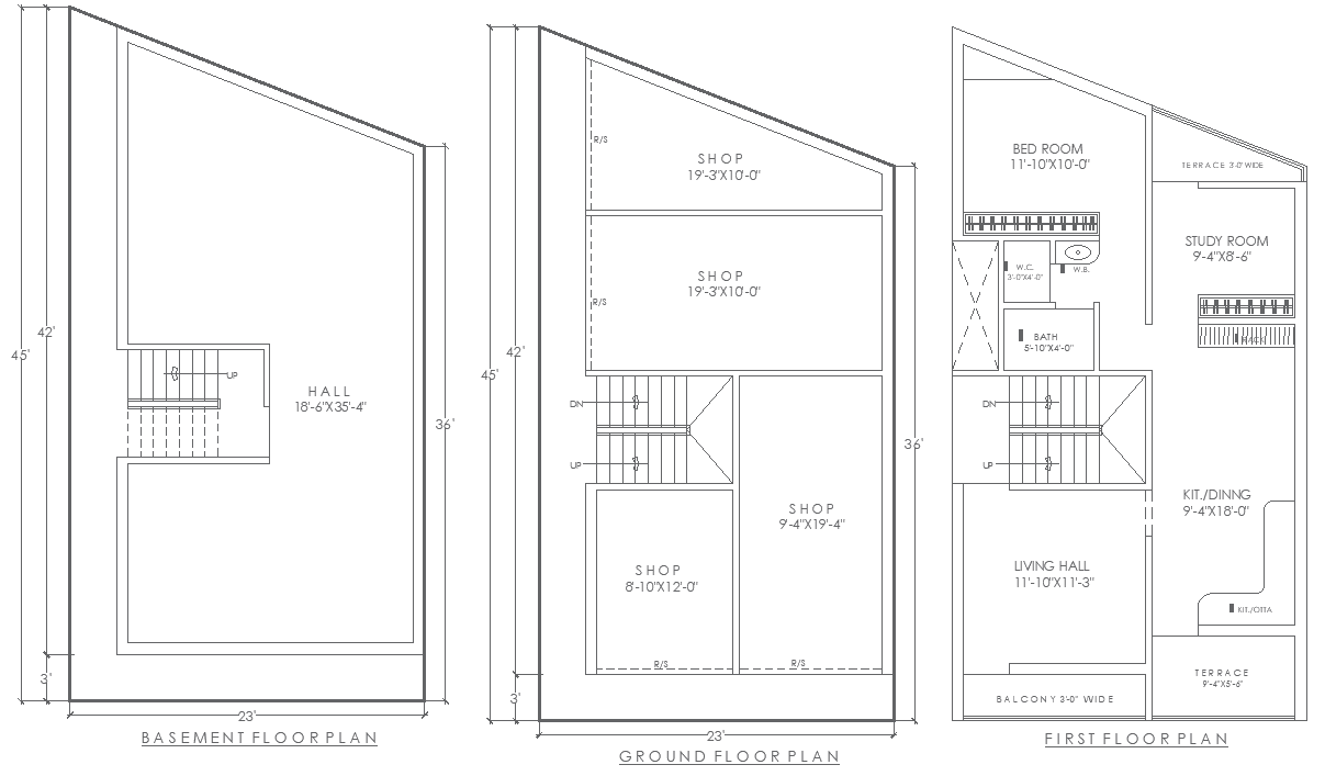 23ft x 45ft Basement, Ground & First Floor House and Shop Plan Layout – AutoCAD DWG File