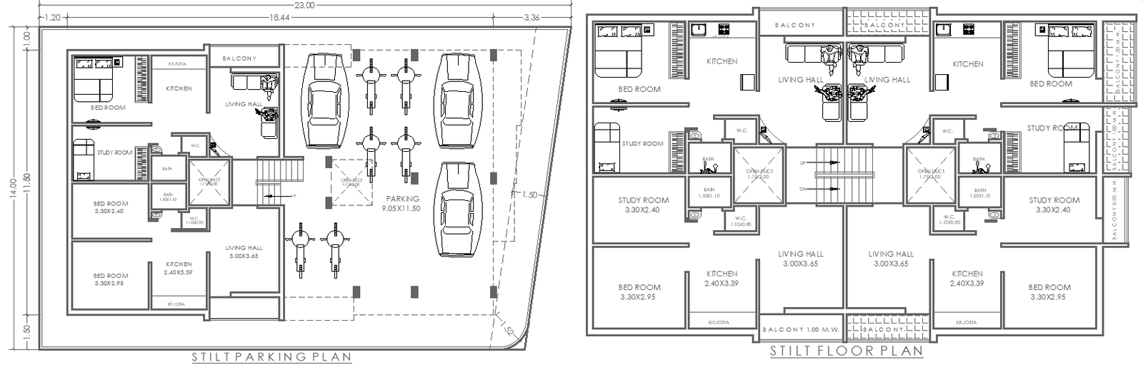 23mx14m Stilt Floor House Plan with Parking in DWG Format
