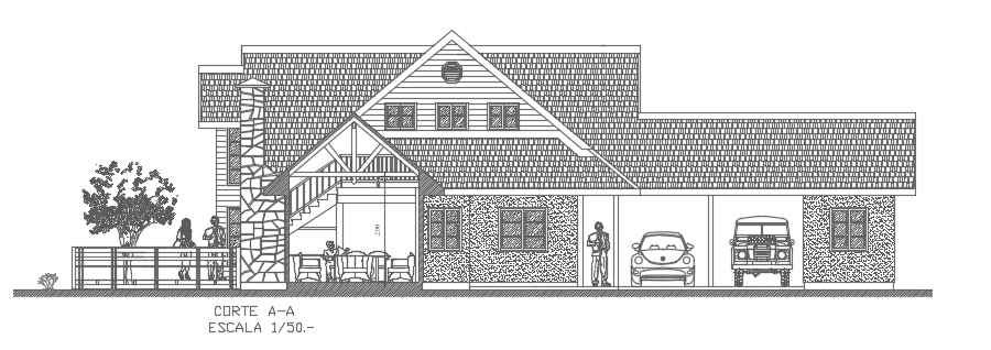 23x12m house building front cut section 2d AutoCAD drawing is given