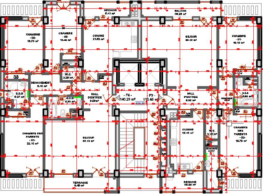 23x15m 2D architecture apartment 2nd floor house plan CAD drawing