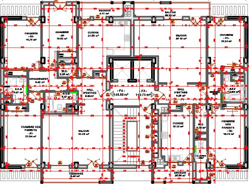 23x15m 3rd floor apartment house plan CAD drawing is given in this file