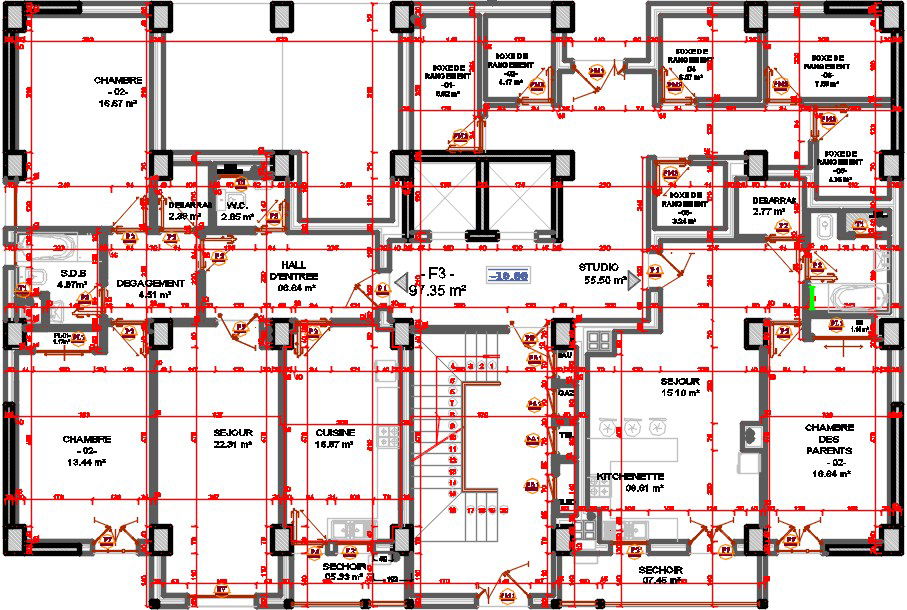 23x15m apartment 5th floor house plan CAD drawing is given in this file