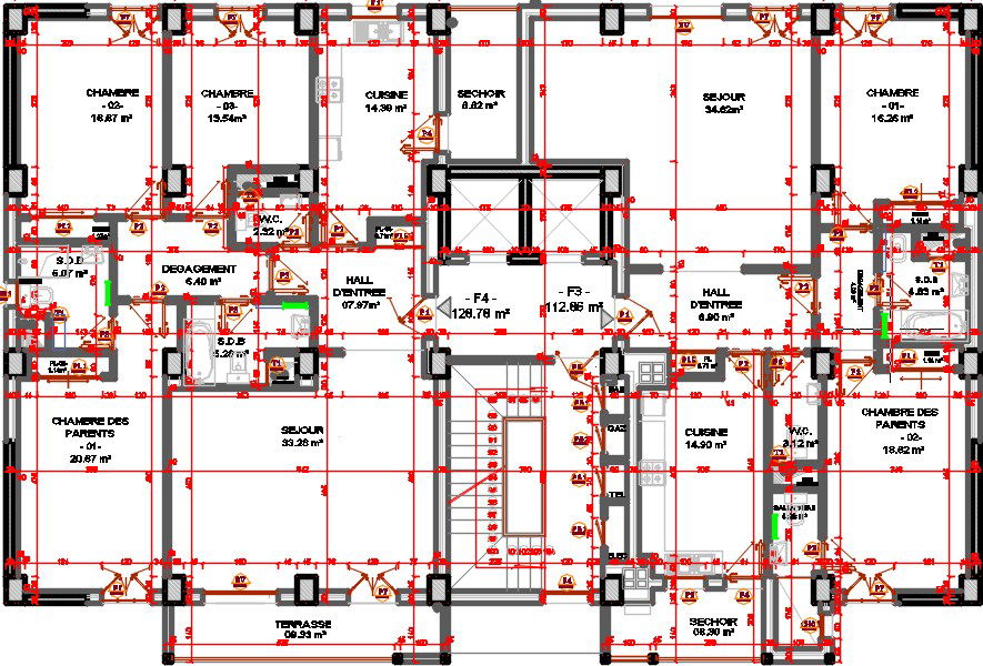 23x15m apartment 6th floor house plan CAD drawing is given in this file