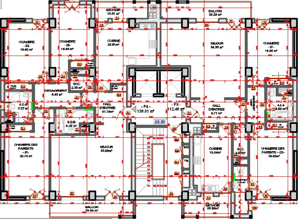 23x15m apartment 8th floor house plan CAD drawing is given in this file