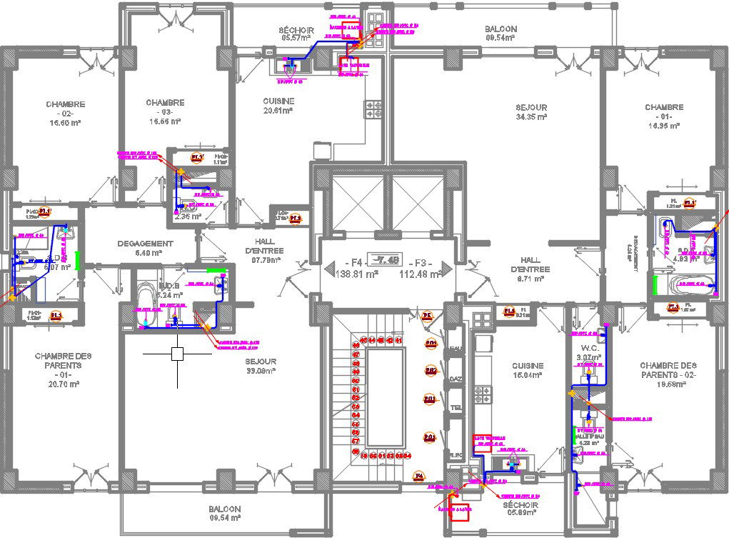 23x15m multistorey apartment 10th floor house plan sanitary line CAD drawing
