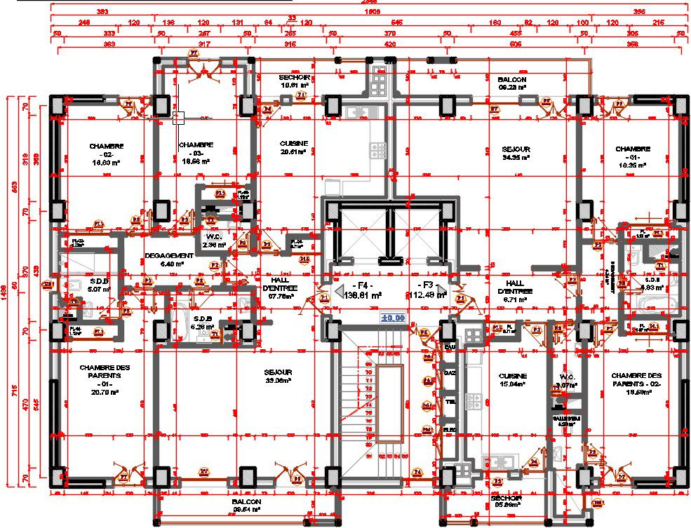 23x15m multistorey apartment 7th floor house plan CAD drawing