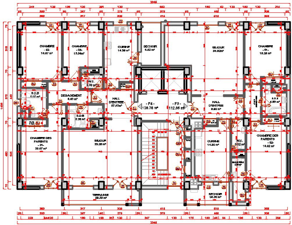 23x15m multistory apartment 4th floor house plan CAD drawing
