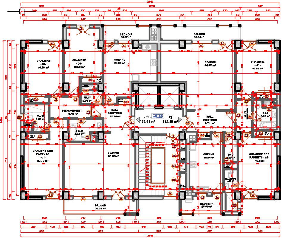 23x15m multistory apartment 5th floor house plan CAD drawing