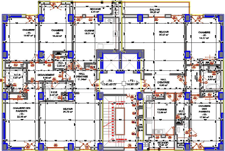 23x15m multistory apartment 9th floor house plan CAD drawing