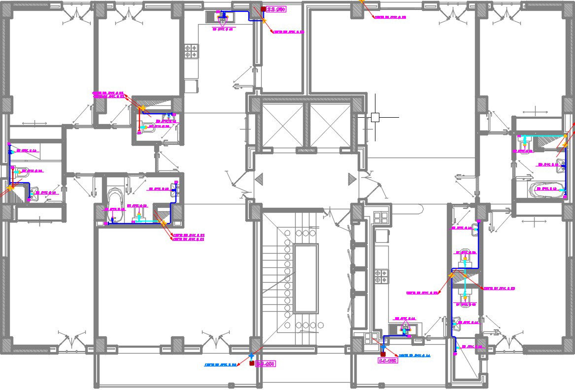23x15m residential multistory apartment second floor pipe line layout CAD drawing