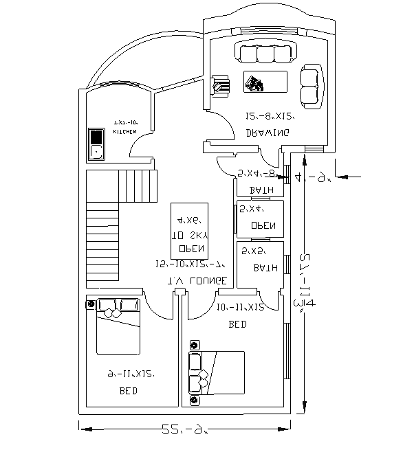 23’x33’ duplex house plan with L shape staircase design 2d AutoCAD drawing