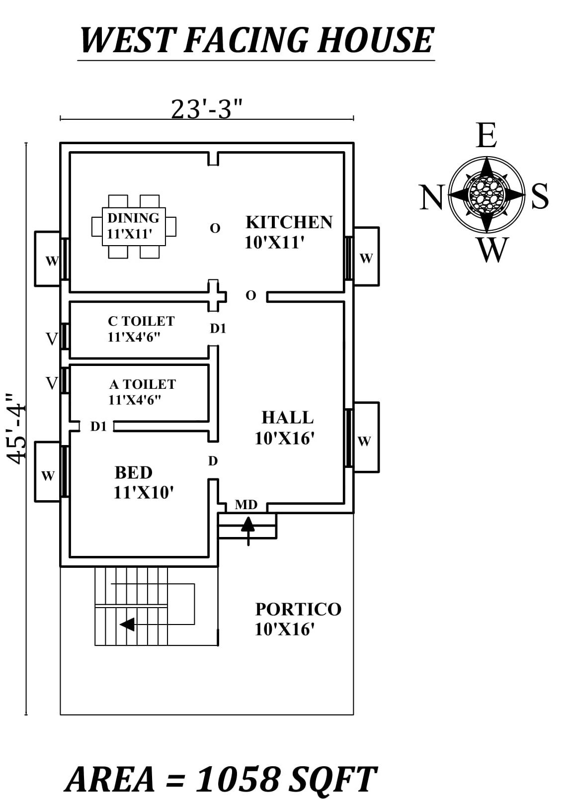 23'x45' Single BHK West facing House plan As Per Vasthu Shastra, CAD Drawing File Details