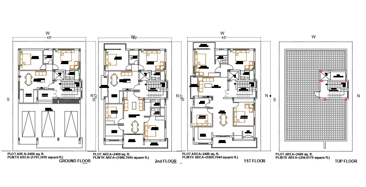 2400 Square Feet 2 BHK Apartment House With Furniture Layout Plan Drawing DWG File
