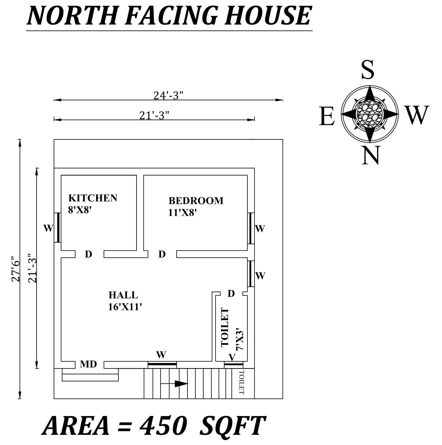 24'3"X27'6" 1bhk North facing Small House plan As Per Vastu Shastra,Autocad DWG file Details.