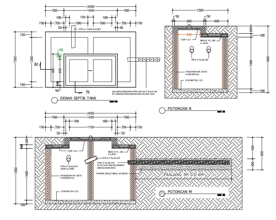 2450x1500mm septic tank plan with section view