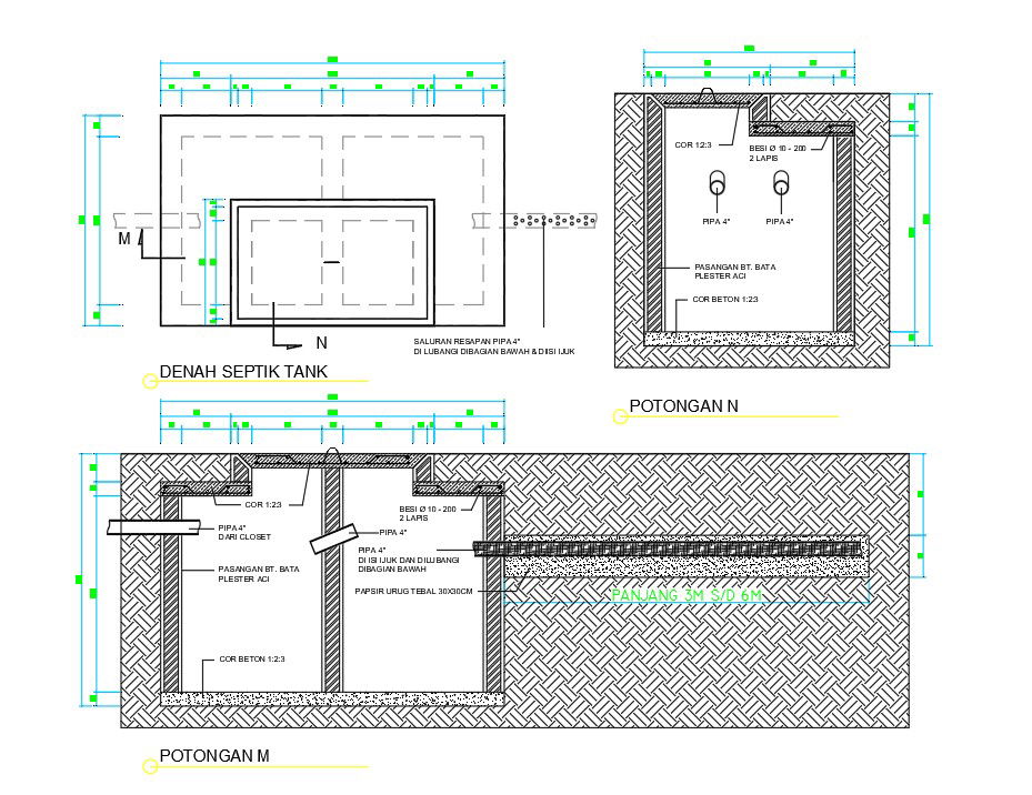 245x150cm septic tank plan with section drawing