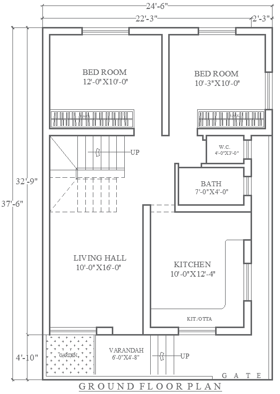 Ground Floor 2BHK Plan 24.6ftx37.6ft DWG House Design