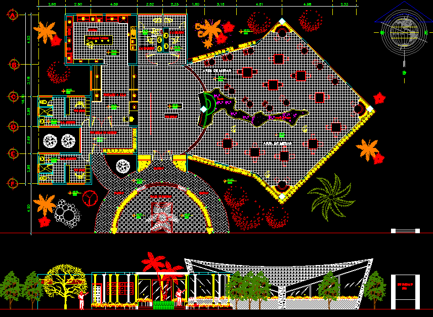 Fast Food Restaurant Design CAD Drawing with Master Plan and Elevation
