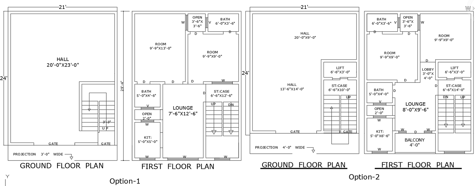 AutoCAD Drawing of 24'x21' House Plan with 2 Layout Styles