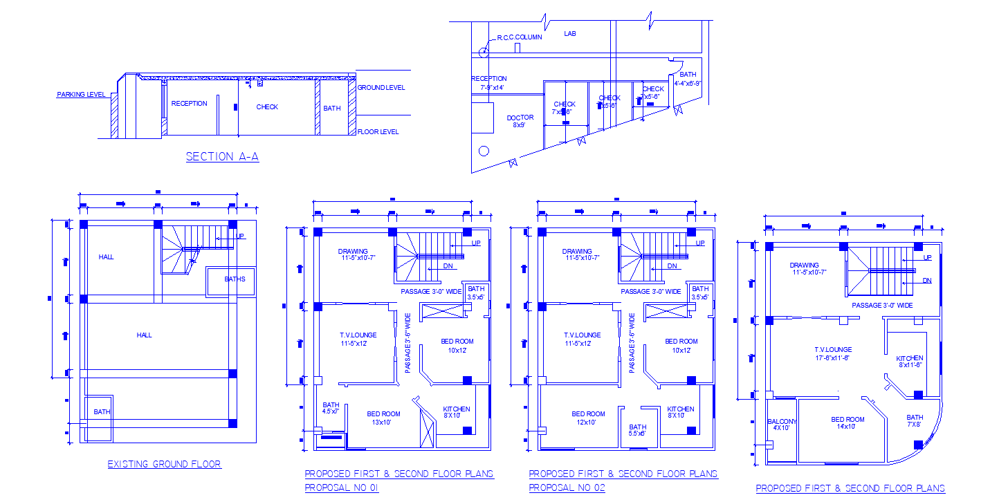 24'X24' Existing ground floor and Proposed 3 varies types of First and second floor house plan Drawing file.