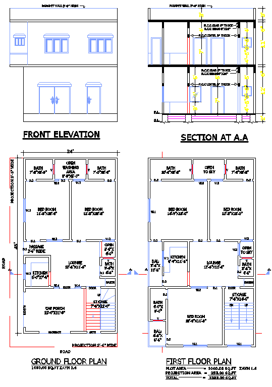 24x45 Two-Story House Plan with Elevation in DWG Format