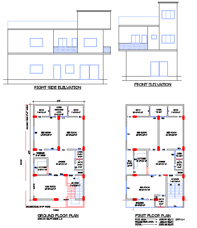 Complete 24×45Double-Storey House Plan in AutoCAD File