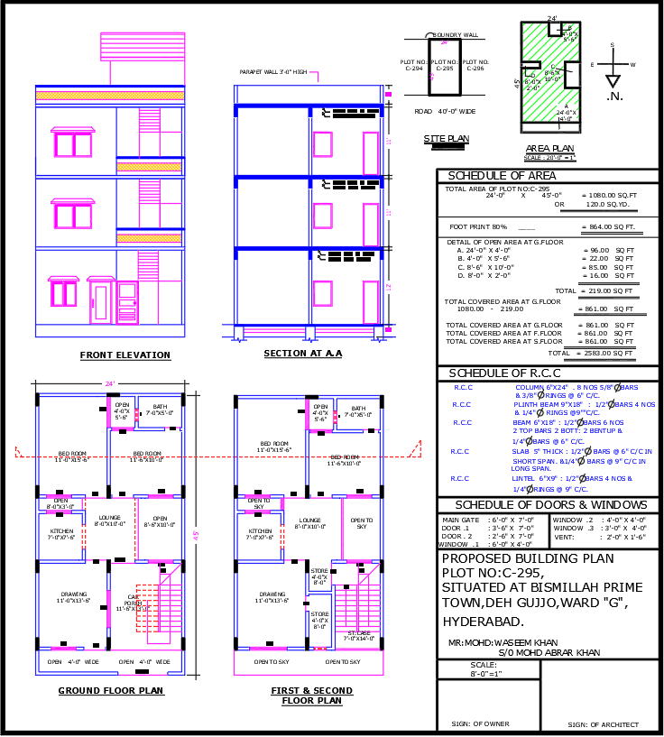 24x45 Duplex House Plan with Four Bedrooms and Balcony