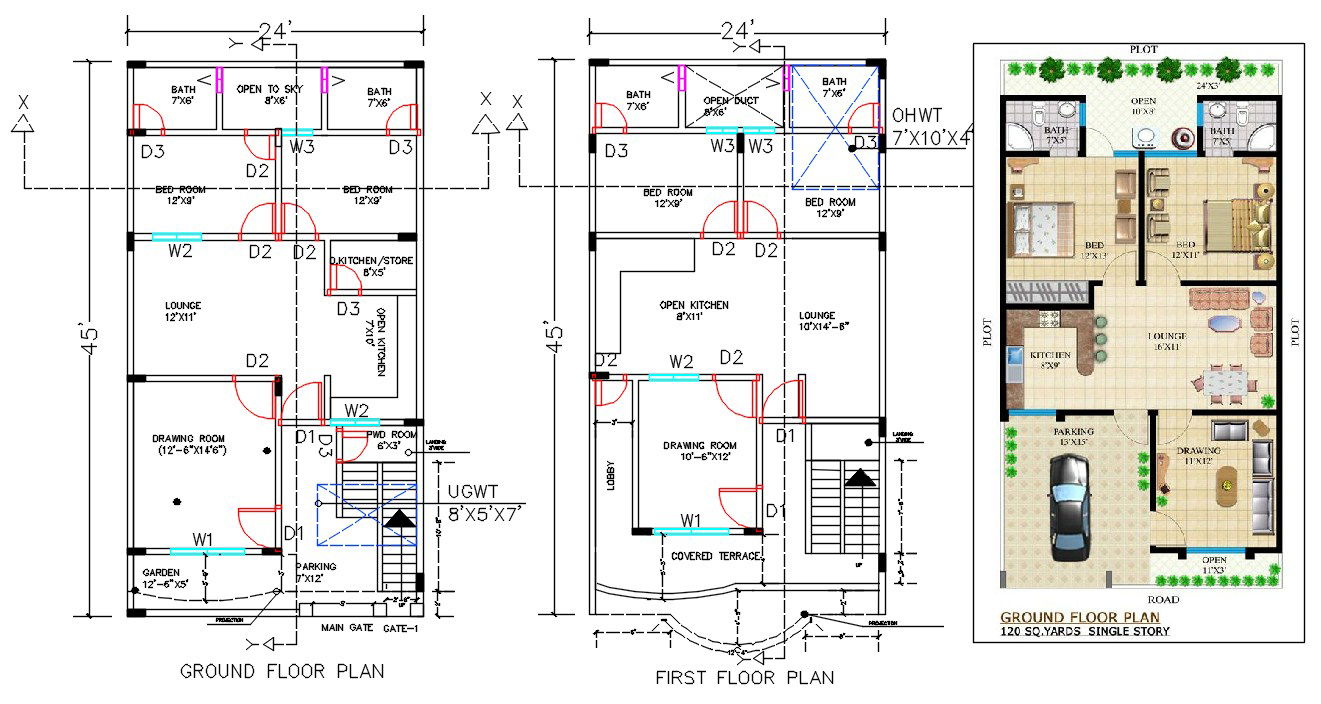24X45 House Ground Floor And First Floor Plan DWG File
