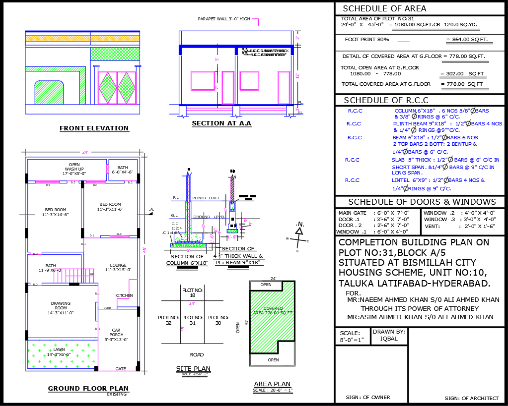 24x45 Single Storey House Plan with Lawn and Wash Area